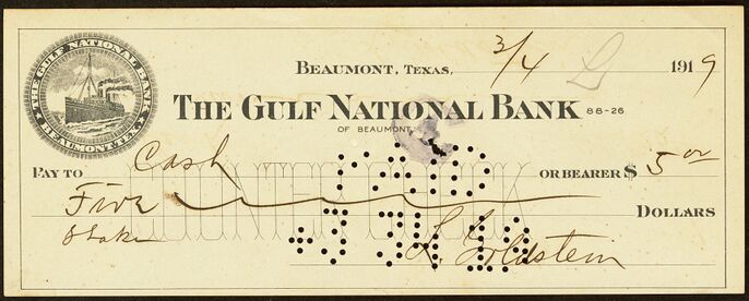 Check drawn on the Gulf National Bank of Beaumont, Texas