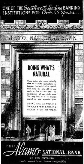A 1947 advertisement for the Alamo National Bank.