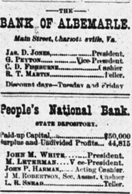 Advertisement from July 1896 for Charlottesville's banks