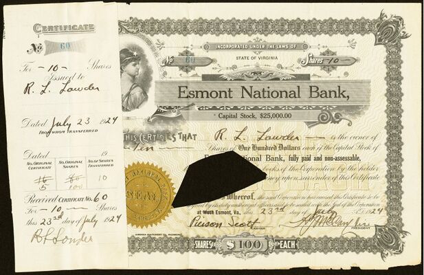 Stock certificate for ten shares of the Esmont National Bank