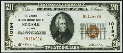 1929 Type 1 $20 bank note