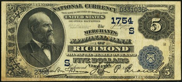 1882 Date Back $5 bank note