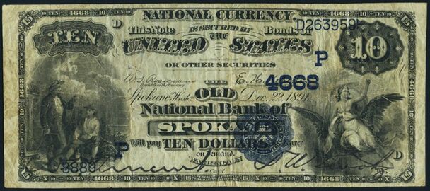 1882 Date Back $10 bank note with the abnormal border variety and printed signatures of W.D. Vincent, Cashier and D.W. Twohy, President.