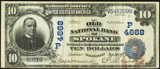 1902 Plain Back $10 bank note with printed signatures of J.A. Yeomans, Cashier and D.W. Twohy, President.