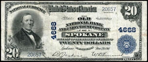 1902 Plain Back $20 bank note with engraved signatures of B.L. Jenkins, Cashier and W.D. Vincent, President.