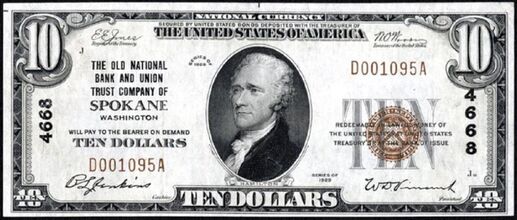 1929 Type 1 $10 bank note with printed signatures of B.L. Jenkins, Cashier and W.D. Vincent, President.