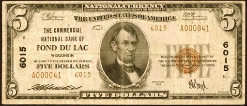 1929 Type 2 $5 bank note