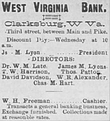 1895 advertisement for the West Virginia Bank