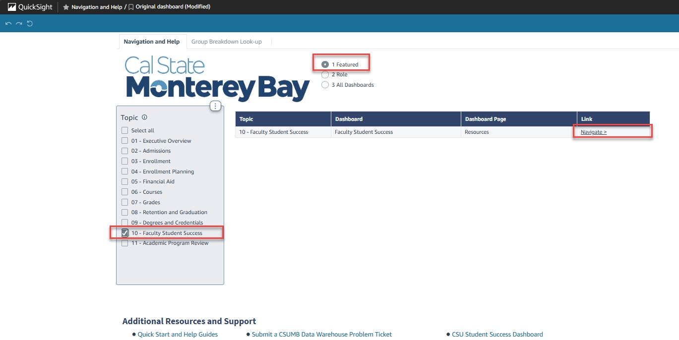 Navigation and Help dashboard in Campus Data Warehouse, highlighting the "Featured" view of the table, the "Faculty Student Success" topic, and the "Navigate >" link.