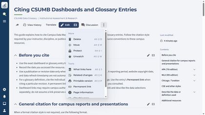CSUMB Data Glossary page with the three-dot More actions menu expanded and Permanent link visible under Tools, below Printable version.