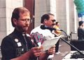 Terry Presley emceeing the Grand March with Mike DeSisto and Ed Foote in the background, 1993