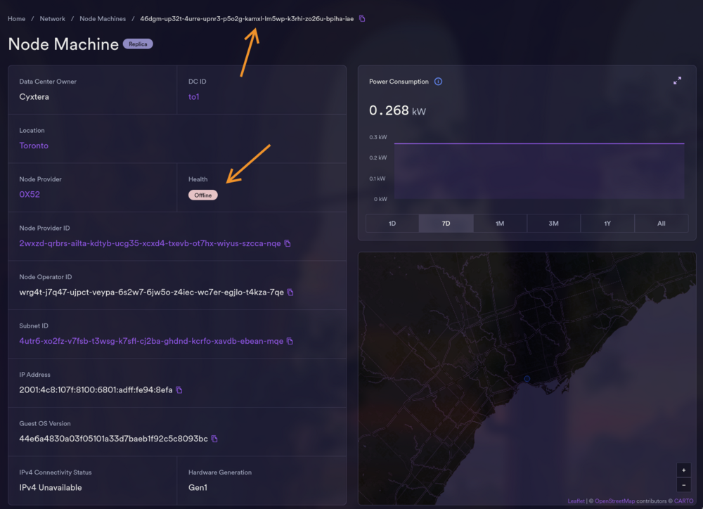 Degraded node with its node ID and health status