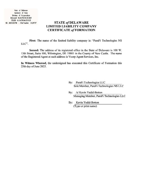 File:ParaFi Technologies NS LLC Certificate of Formation.pdf