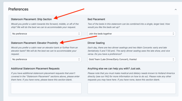 image indicating the stateroom placement preferences entries in your booking's Preferences section