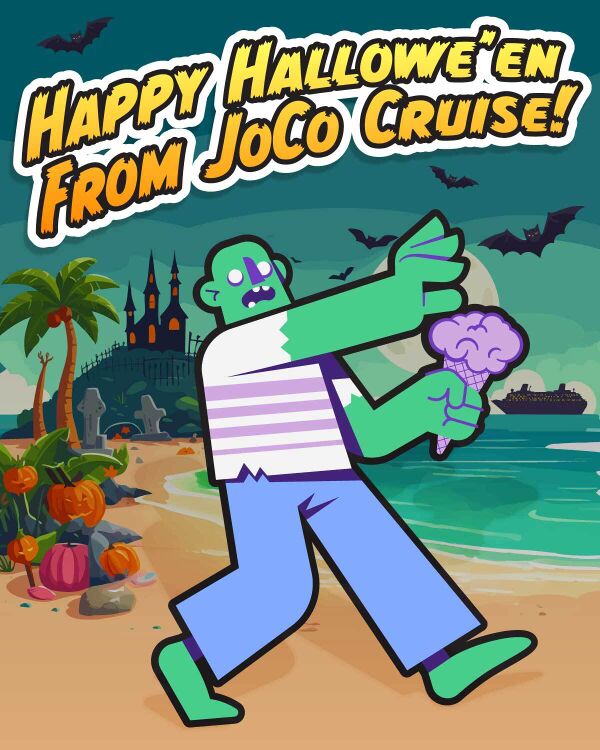 A zombie carrying a brains ice cream cone shambling along a beach with a haunted caste and cruise ship in silhouette in the background. Oh, plus palm trees and pumpkins. And bats. Dark and dank? Yes! Spooky? VERY.