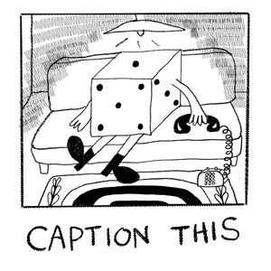 black and white hand-drawn image of a large game die with arms and legs sitting on a sofa under a bright lamp holding the receiver of a corded telephone in a slumped arm