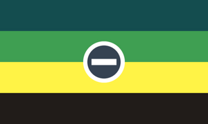 a flag with 4 stripes, which are dark sky blue, medium dark green, bright yellow, and brown-black. in the center of the flag is a small near-black circle with a thick white outline and a white minus symbol within it
