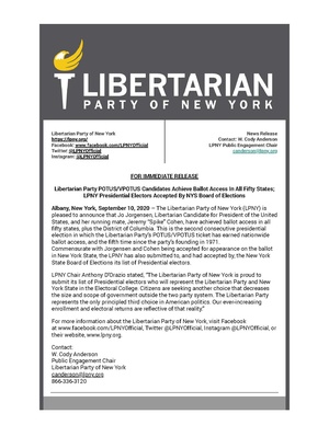 LPNY EMAILS 2020-09-10 PRESS RELEASE - LP POTUS-VPOTUS Candidates Achieve Ballot Access In All Fifty States.pdf