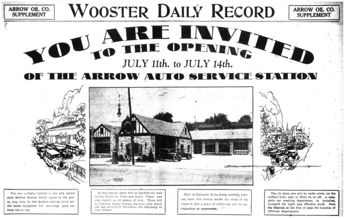 Announcement of the grand opening of the Arrow Auto Service Station in Wooster, Ohio by the Arrow Oil Co.