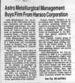 "Astro Metallurgical Management Buys Firm From Harsco Corporation," Daily Record, 11 Dec 1989, p. B1