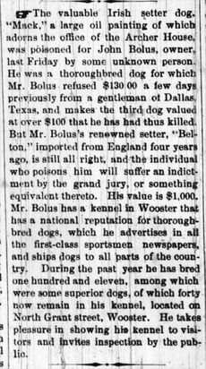 Charles Gasche painted, Mack, John Bolus' well-known Irish Setter dog whose portrait hung in the Archer House hotel for many years.