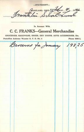 Statement from C.C. Franks General Merchandise store in Moreland, Ohio dated February 4, 1946.