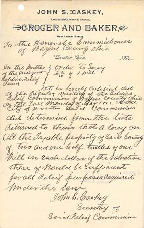 Letter from John S. Caskey to Wa. Co. Commissioners concerning the Civil War Soldiers Relief Commission circa 1890s.