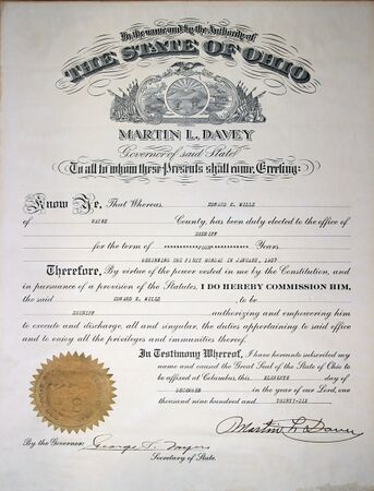 1937 State of Ohio Commission Certificate for Sheriff.