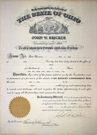 1944 State of Ohio Commission Certificate for Sheriff.