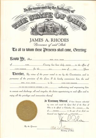 1969 State of Ohio certificate of commission for Wayne County Treasurer.
