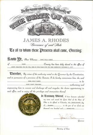 1977 State of Ohio certificate of commission for Wayne County Treasurer.