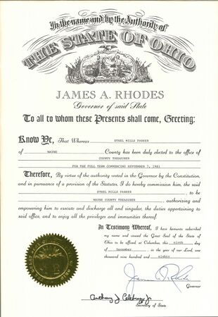 1981 State of Ohio certificate of commission for Wayne County Treasurer.