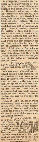 Reported shooting of Henry C. Frick to relatives in Wooster, Ohio.Wayne County Democrat, July 27, 1892 p.3.