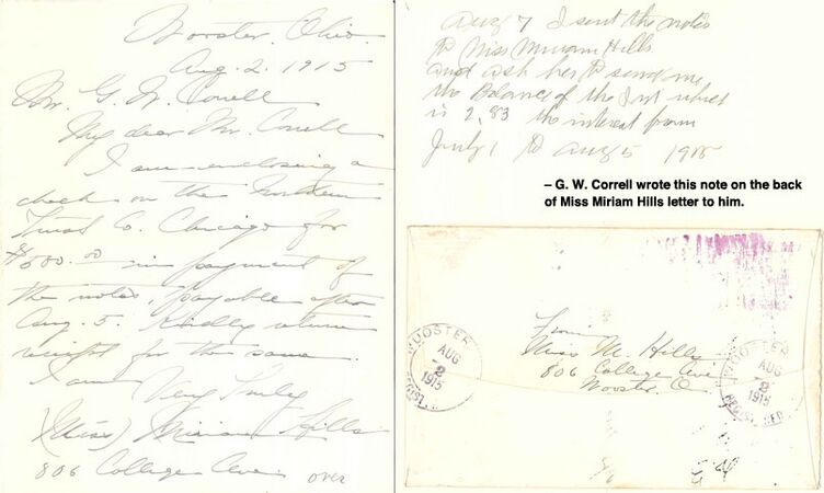 Miriam Hills letter to G. W. Correll dated August 2, 1915.