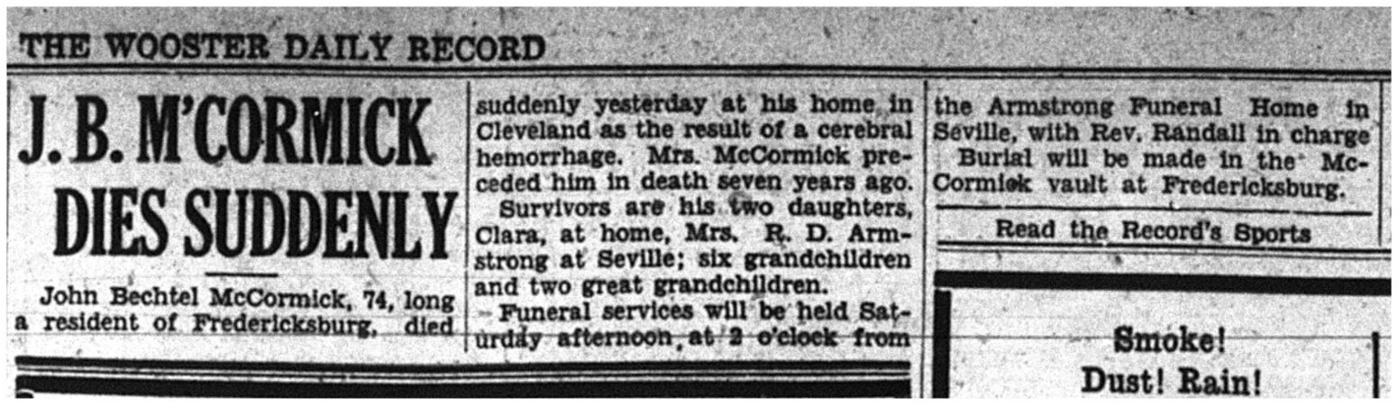 Obit from The Wooster Daily Record, 1932-FEB-26 p.8