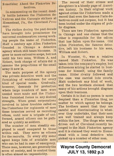 Something About the Pinkerton Detectives. Wayne County Democrat, July 13, 1892 p.3.