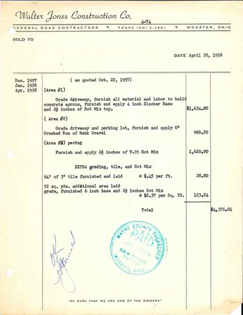 Walter Jones Construction Co. invoice dated 1958.