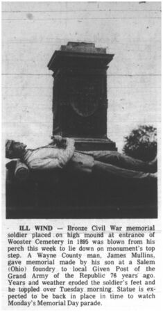 Wooster Cemetery Civil War Memorial statue of soldier blown over in 1971.